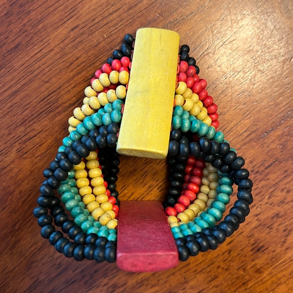 Natural Wood Bead Stretch Rasta Bracelet